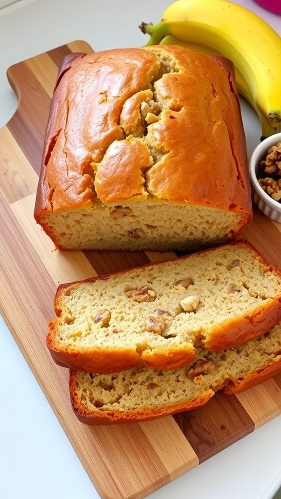 A loaf of banana bread sliced on a cutting board with ripe bananas and walnuts.